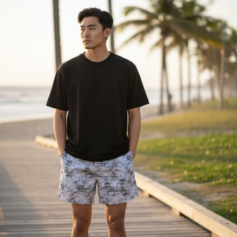 Croft and Barrow Men's Grey White Palm Fronds Board Shorts Swim Trunks Size XL